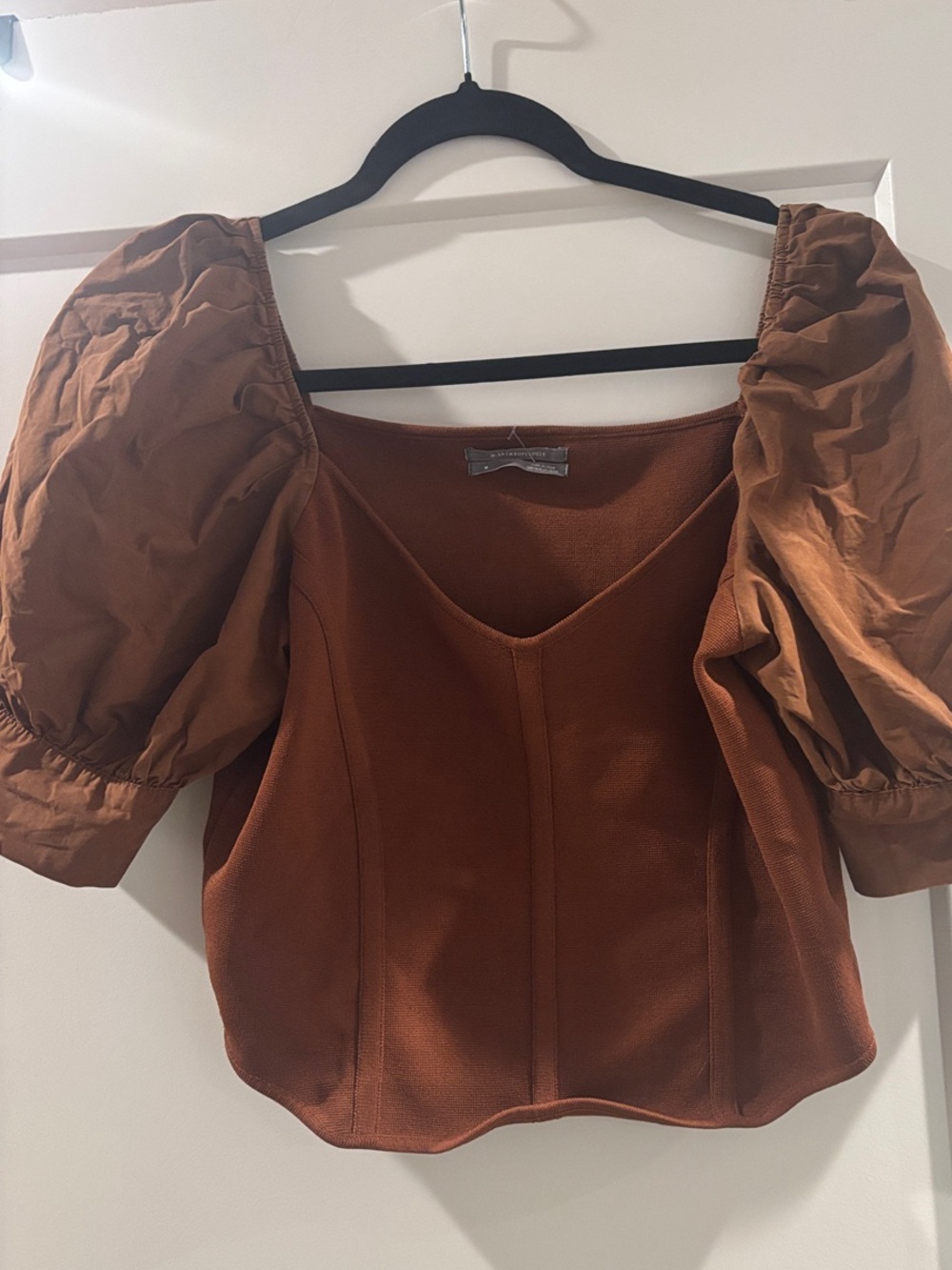 Anthropologie Rust Puff-Sleeve Square Neck Blouse